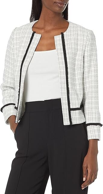 Kasper Collarless Front Fringe Jacket Women's 16 Vanilla Ice/Black Long Sleeve