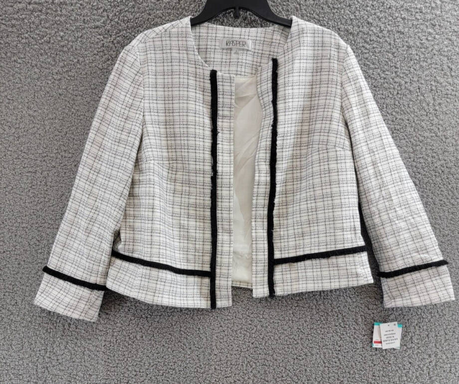 Kasper Collarless Front Fringe Jacket Women's 16 Vanilla Ice/Black Long Sleeve