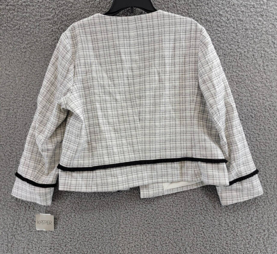 Kasper Collarless Front Fringe Jacket Women's 16 Vanilla Ice/Black Long Sleeve