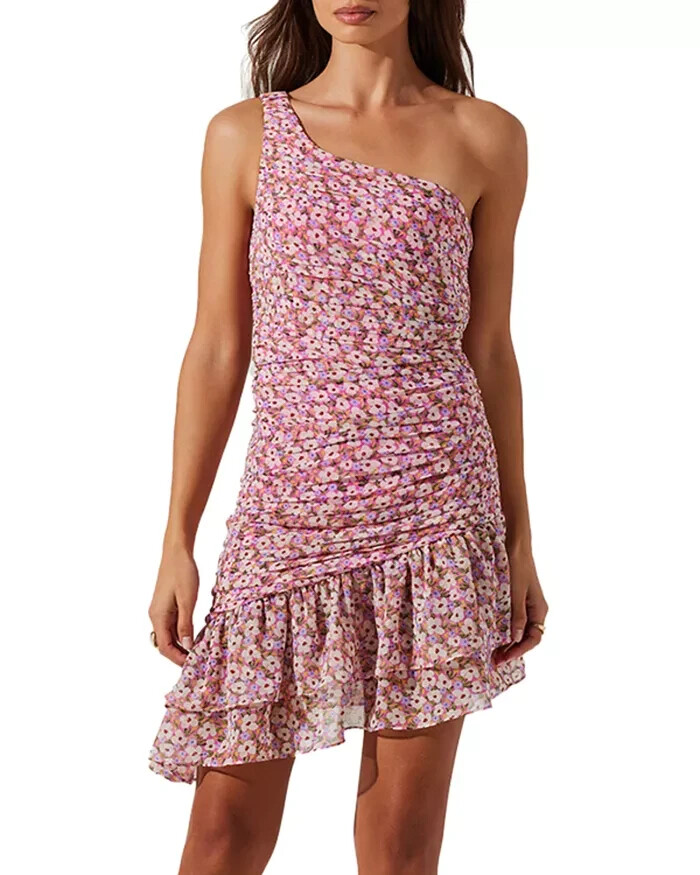 ASTR The Label Shutter Pleat Mini Bodycon Dress Women's XS Pink Floral Ruffled~