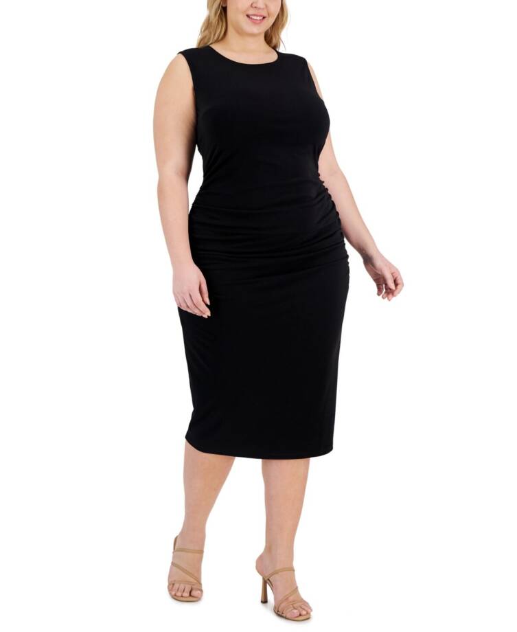 Calvin Klein Plus Size Ruched Sleeveless Midi Dress Women's 1X Black Pullover
