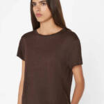 FRAME Easy True Raw-Edge Linen Tee Women's S Espresso Crew Neck Short Sleeve