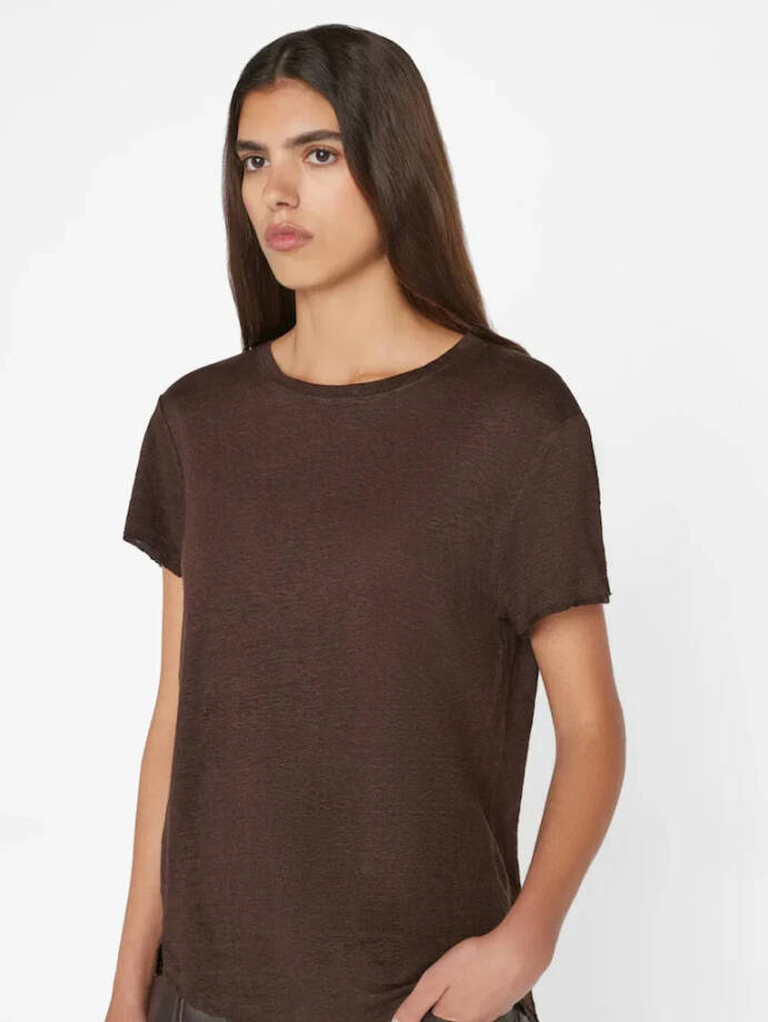 FRAME Easy True Raw-Edge Linen Tee Women's S Espresso Crew Neck Short Sleeve