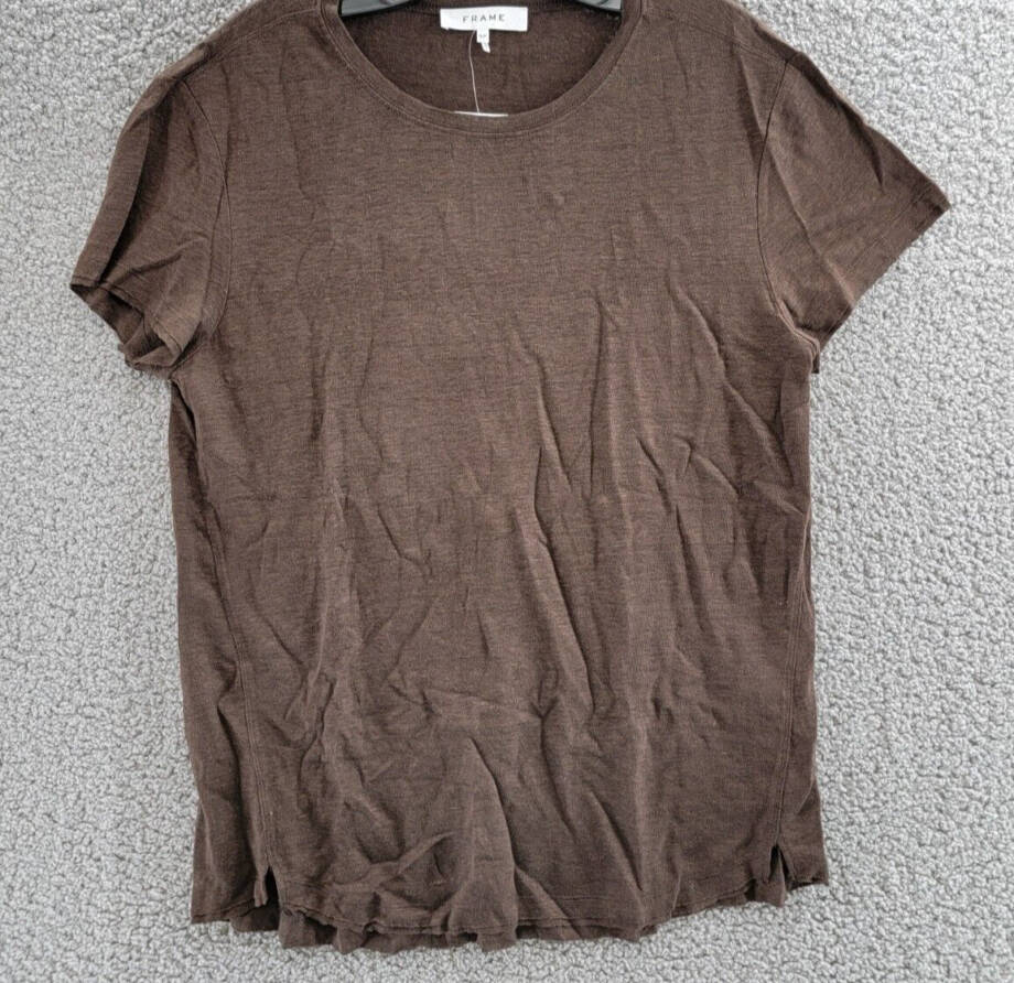 FRAME Easy True Raw-Edge Linen Tee Women's S Espresso Crew Neck Short Sleeve