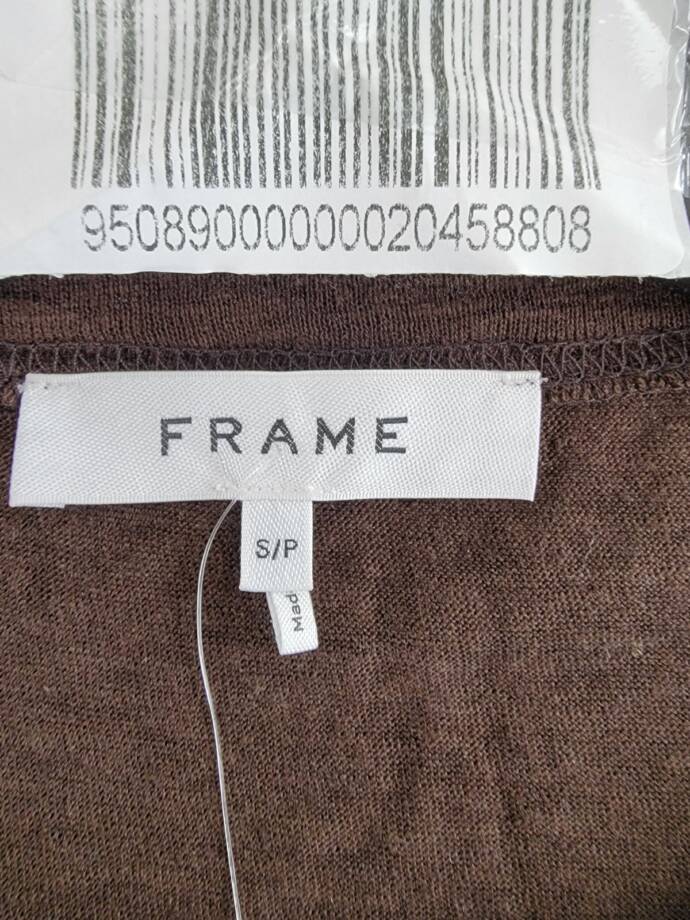 FRAME Easy True Raw-Edge Linen Tee Women's S Espresso Crew Neck Short Sleeve