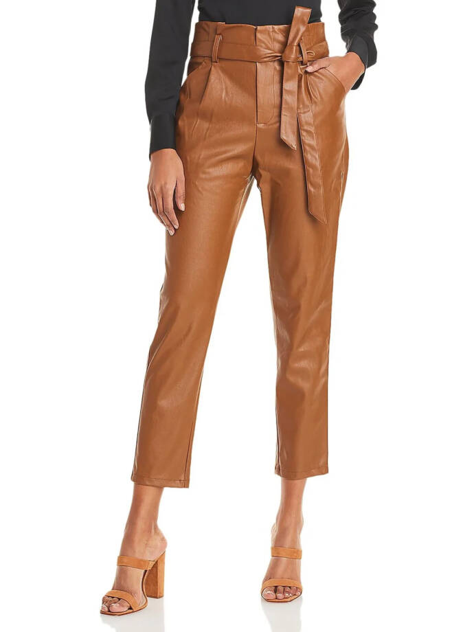 Lucy Paris Faux Leather Paperbag-Waist Pants Women's XS Cognac Zip Fly Hook