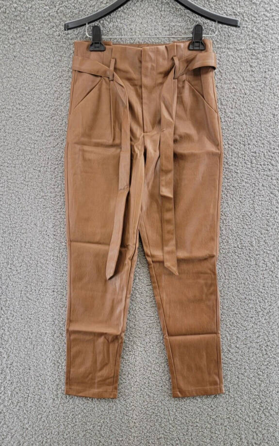 Lucy Paris Faux Leather Paperbag-Waist Pants Women's XS Cognac Zip Fly Hook