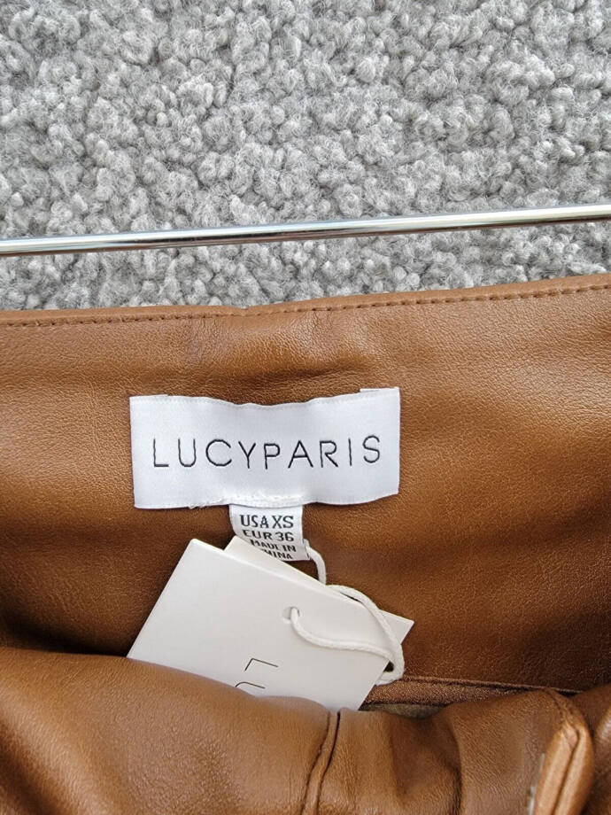 Lucy Paris Faux Leather Paperbag-Waist Pants Women's XS Cognac Zip Fly Hook
