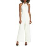 Julia Jordan Crepe Halter Jumpsuit Women's 16 Ivory Back Zip Button Closure