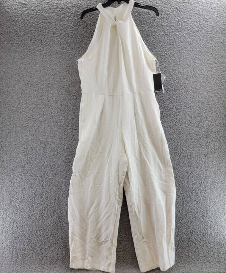 Julia Jordan Crepe Halter Jumpsuit Women's 16 Ivory Back Zip Button Closure