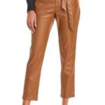 Lucy Paris Faux Leather Paperbag-Waist Pants Women's M Cognac Zip Front Closure