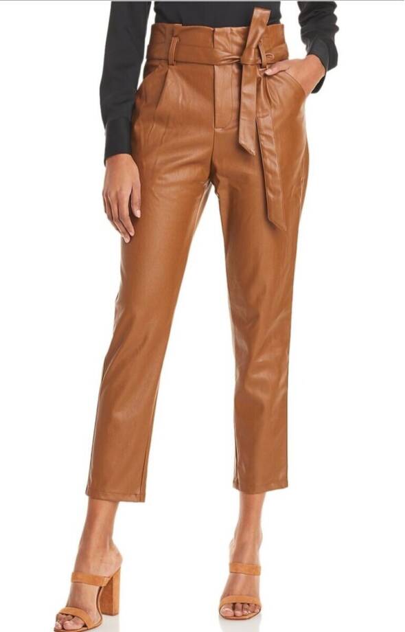 Lucy Paris Faux Leather Paperbag-Waist Pants Women's M Cognac Zip Front Closure
