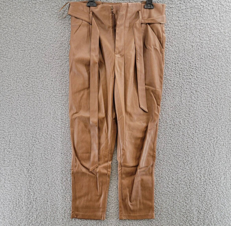 Lucy Paris Faux Leather Paperbag-Waist Pants Women's M Cognac Zip Front Closure