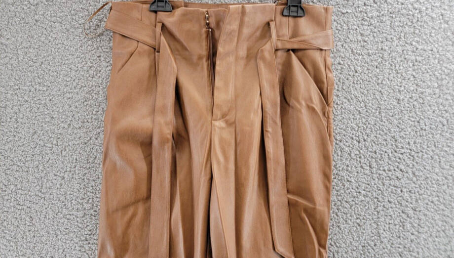 Lucy Paris Faux Leather Paperbag-Waist Pants Women's M Cognac Zip Front Closure