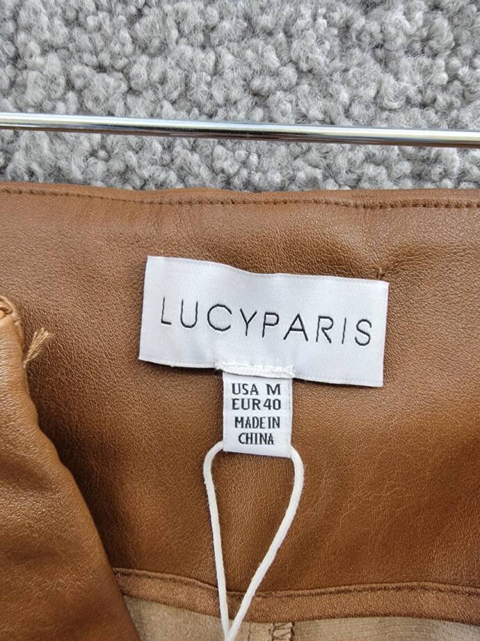 Lucy Paris Faux Leather Paperbag-Waist Pants Women's M Cognac Zip Front Closure