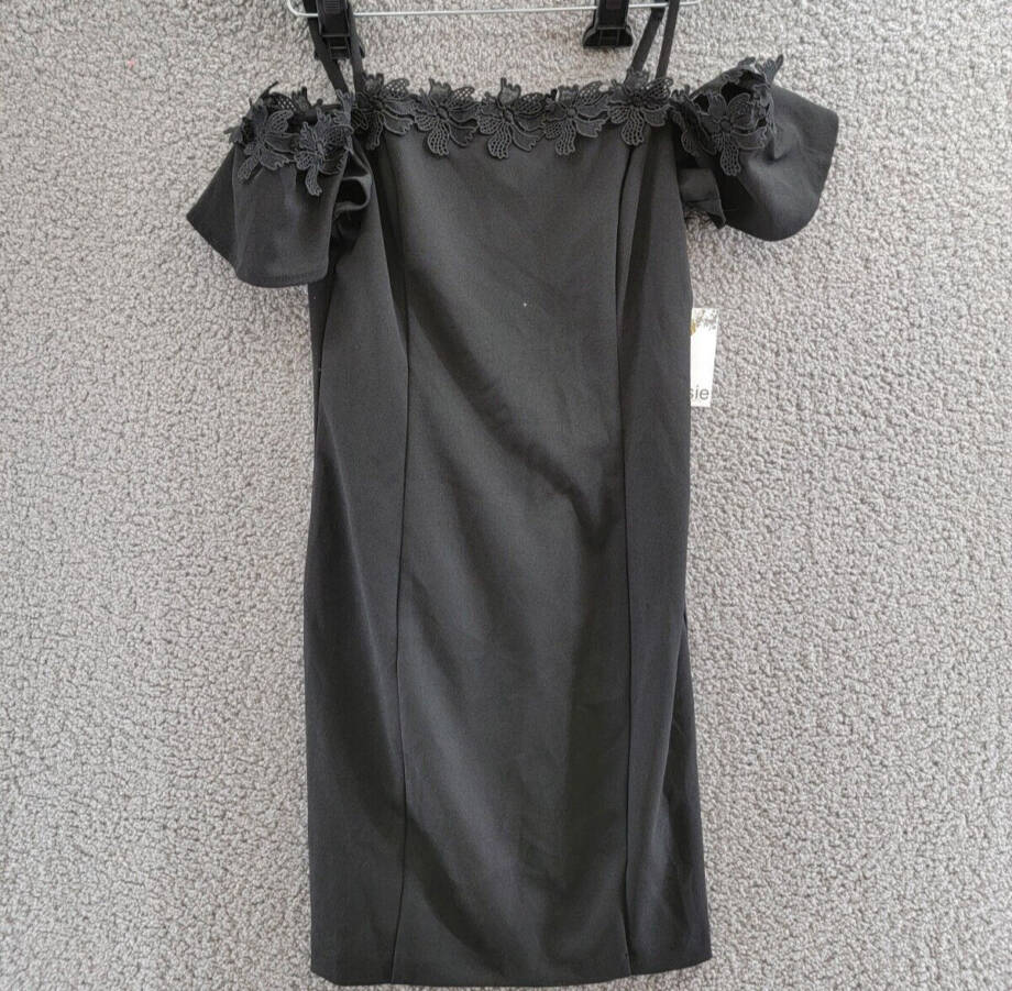 kensie Scuba Off-The-Shoulder Dress Women's 2 Black Embroidered Back Zip Closure