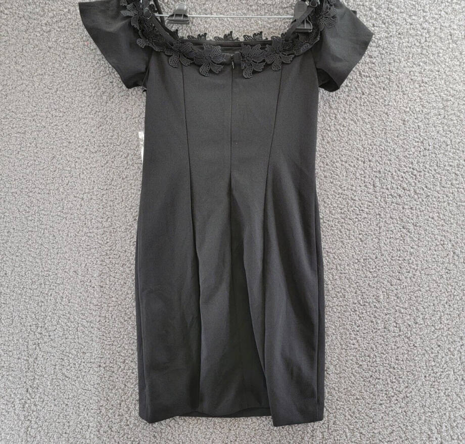 kensie Scuba Off-The-Shoulder Dress Women's 2 Black Embroidered Back Zip Closure