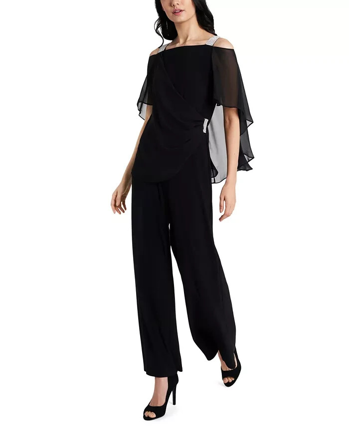 MSK Side-Draped Cold-Shoulder Jumpsuit Women's M Black Embellished Back Zip