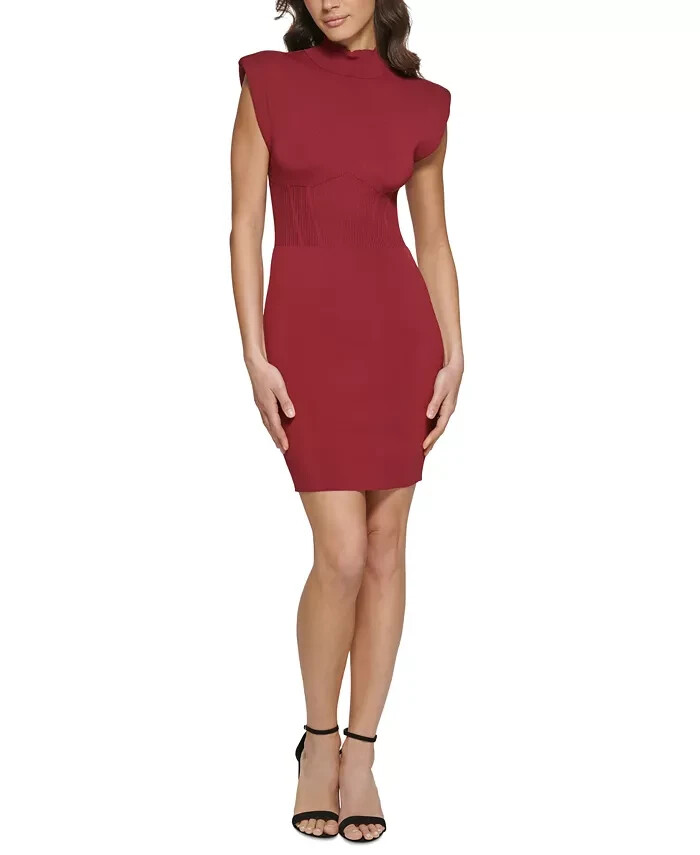 Guess Bandage Sweater Knit Bodycon Dress Women's XL Burgundy Cap Sleeves