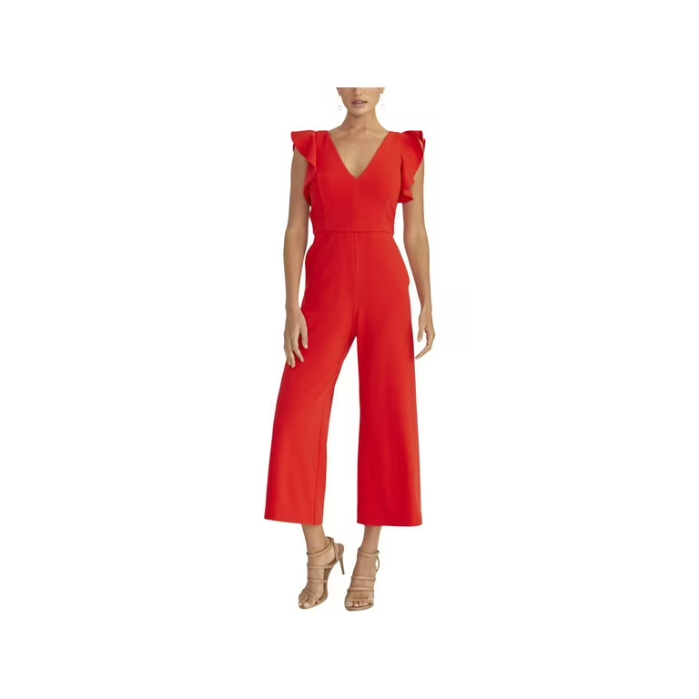 RACHEL Rachel Roy Ruffled-Sleeve Cropped Jumpsuit Women's S Rio Red Back Zip S/S