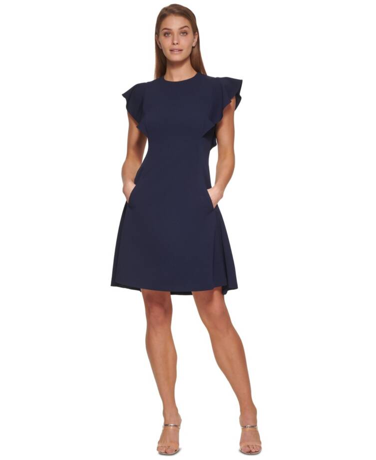 DKNY Petite Flutter-Sleeve Seamed Fit & Flare Dress Women's 6P Navy Back Zip
