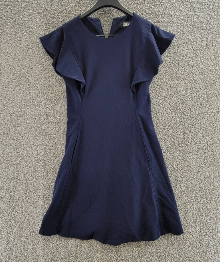 DKNY Petite Flutter-Sleeve Seamed Fit & Flare Dress Women's 6P Navy Back Zip