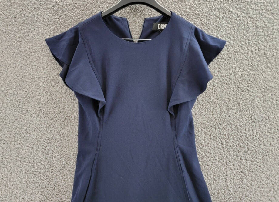 DKNY Petite Flutter-Sleeve Seamed Fit & Flare Dress Women's 6P Navy Back Zip