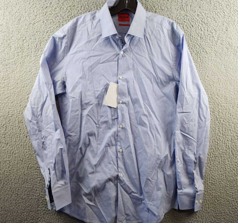 HUGO Koey Kent Slim Fit Dress Shirt Men's 41 16 Light Pastel Blue Long Sleeve