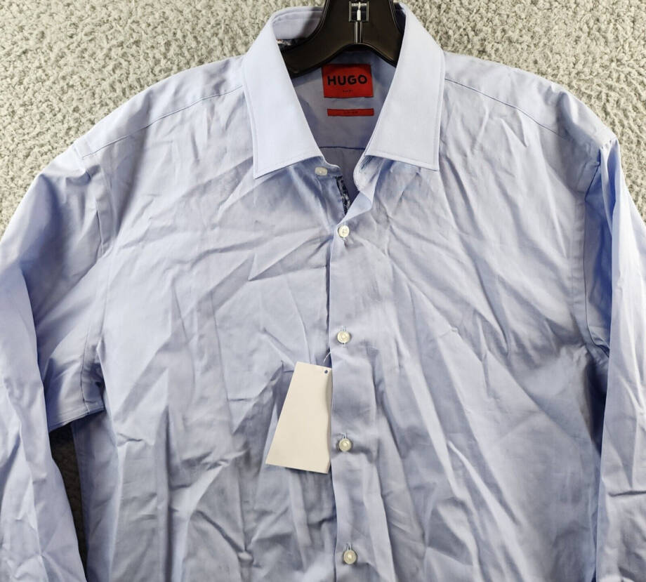HUGO Koey Kent Slim Fit Dress Shirt Men's 41 16 Light Pastel Blue Long Sleeve