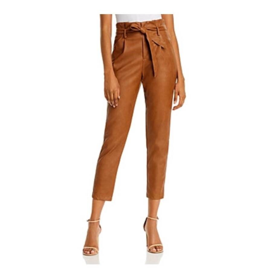 Lucy Paris Faux Leather Pleated Casual Pants Women's XL Cognac Belted High Rise