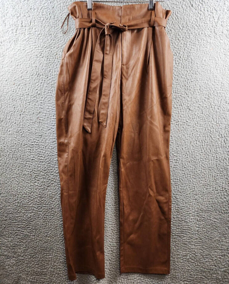 Lucy Paris Faux Leather Pleated Casual Pants Women's XL Cognac Belted High Rise
