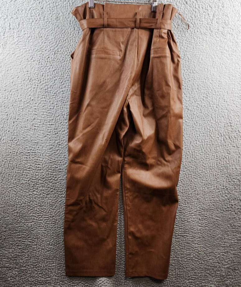 Lucy Paris Faux Leather Pleated Casual Pants Women's XL Cognac Belted High Rise