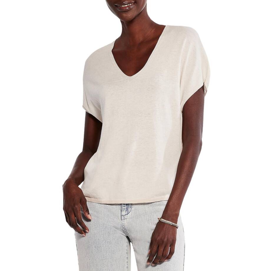 NIC+ZOE Cap Sleeve V-Neck Sweater Women's M Pale Beige Short Sleeve Pullover