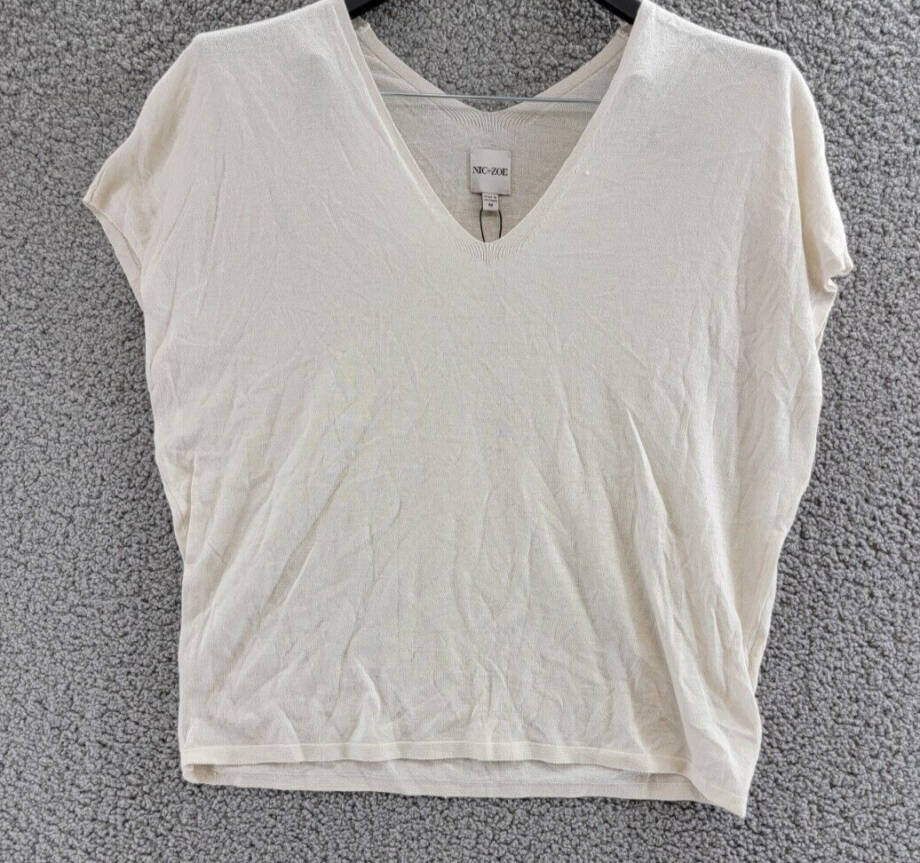 NIC+ZOE Cap Sleeve V-Neck Sweater Women's M Pale Beige Short Sleeve Pullover
