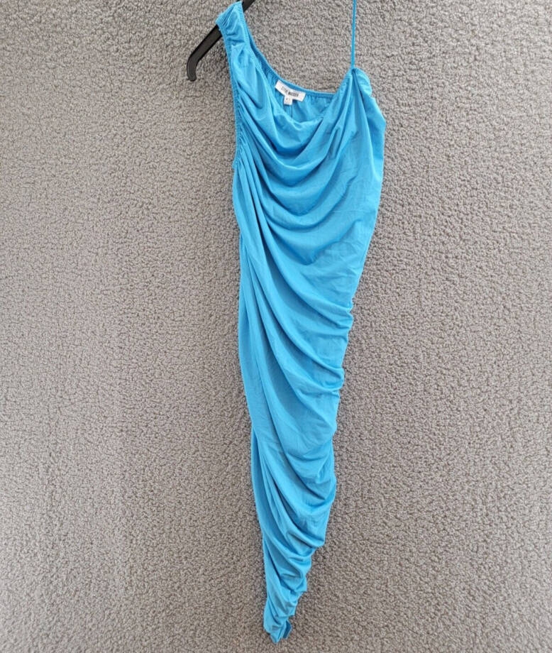 STEVE MADDEN Ayana Ruched Dress Womens XS Atlantic Blue Asymmetric Neck Pullover