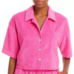 AQUA Cropped Terrycloth Shirt Women's M Pink Patch Pocket Collared Short Sleeve