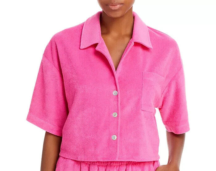 AQUA Cropped Terrycloth Shirt Women's M Pink Patch Pocket Collared Short Sleeve