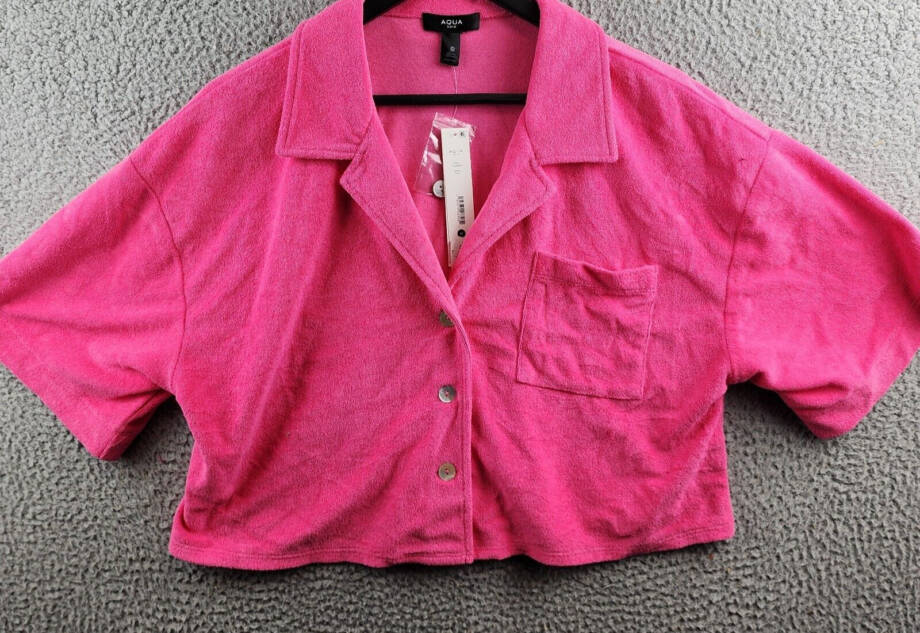 AQUA Cropped Terrycloth Shirt Women's M Pink Patch Pocket Collared Short Sleeve