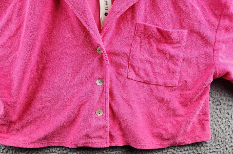 AQUA Cropped Terrycloth Shirt Women's M Pink Patch Pocket Collared Short Sleeve