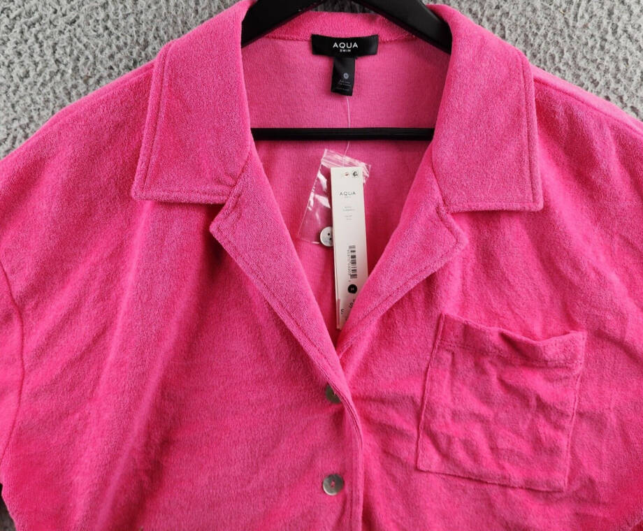 AQUA Cropped Terrycloth Shirt Women's M Pink Patch Pocket Collared Short Sleeve