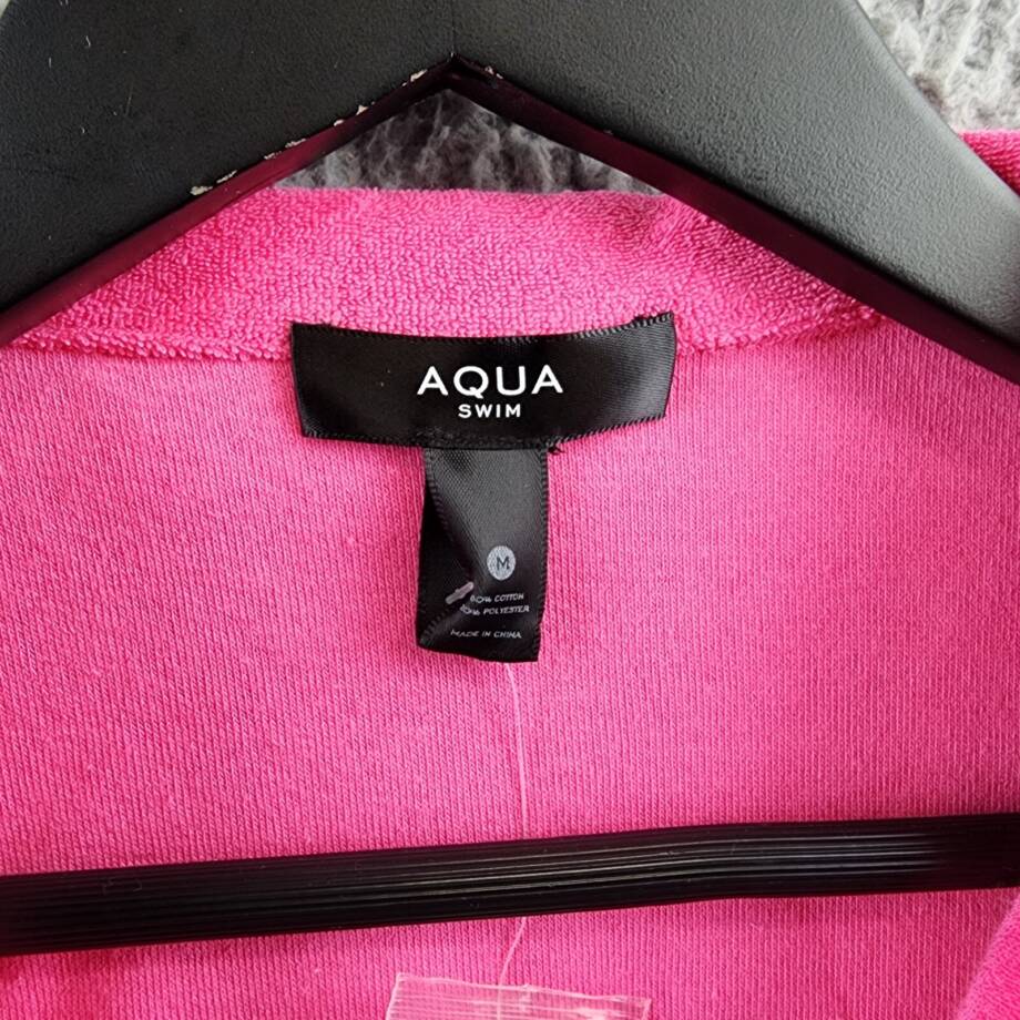 AQUA Cropped Terrycloth Shirt Women's M Pink Patch Pocket Collared Short Sleeve