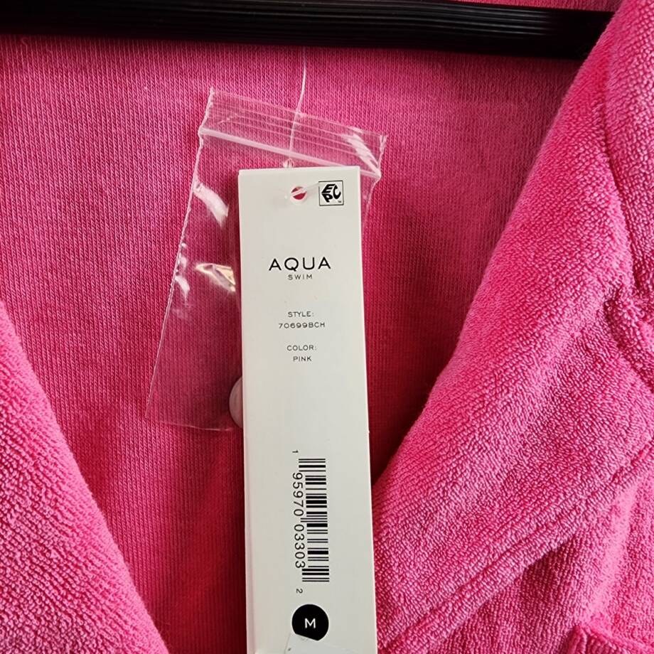 AQUA Cropped Terrycloth Shirt Women's M Pink Patch Pocket Collared Short Sleeve