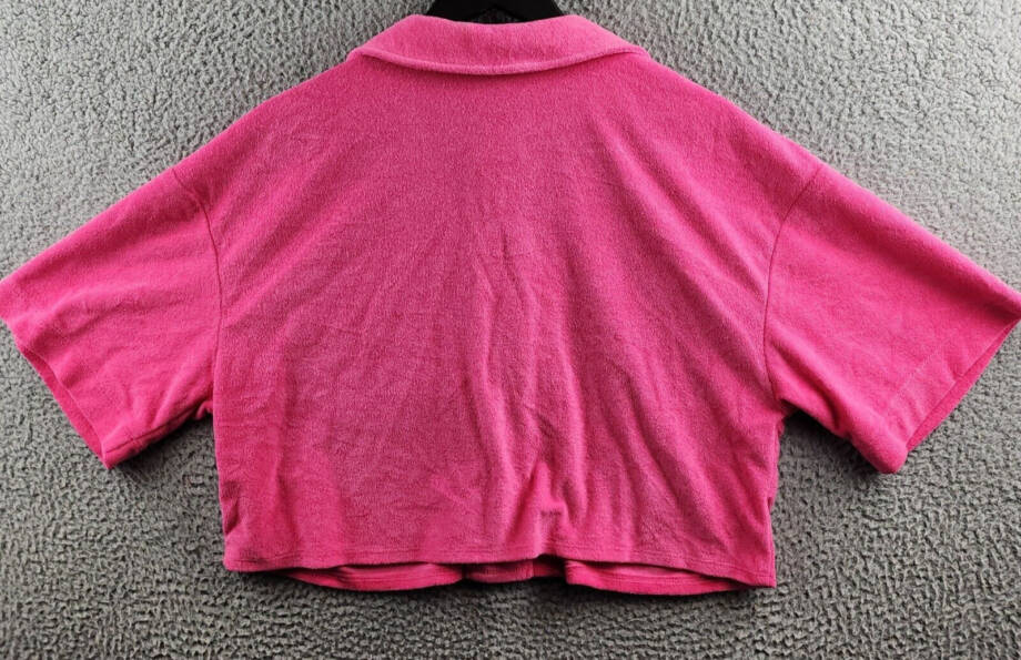 AQUA Cropped Terrycloth Shirt Women's M Pink Patch Pocket Collared Short Sleeve