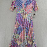MSK Mixed-Print Twist-Front Midi Dress Women's S Multicolor V-Neck Elbow Sleeve