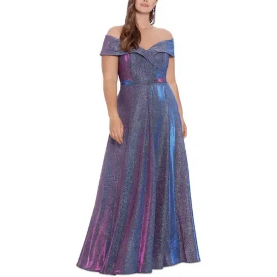 XSCAPE Plus Size Draped Off-The-Shoulder Metallic Gown Women's 16W Black/Fuchsia