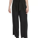 Calvin Klein Belted Pleated-Front Pants Women's XS Black Elastic Waist Pull On