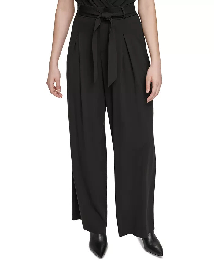 Calvin Klein Belted Pleated-Front Pants Women's XS Black Elastic Waist Pull On