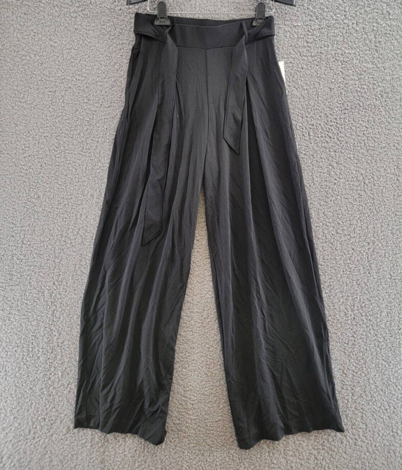 Calvin Klein Belted Pleated-Front Pants Women's XS Black Elastic Waist Pull On