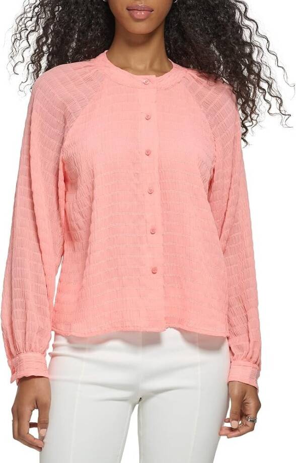 Calvin Klein Long Sleeve Textured Chiffon Blouse Women's XS Peach Button Front