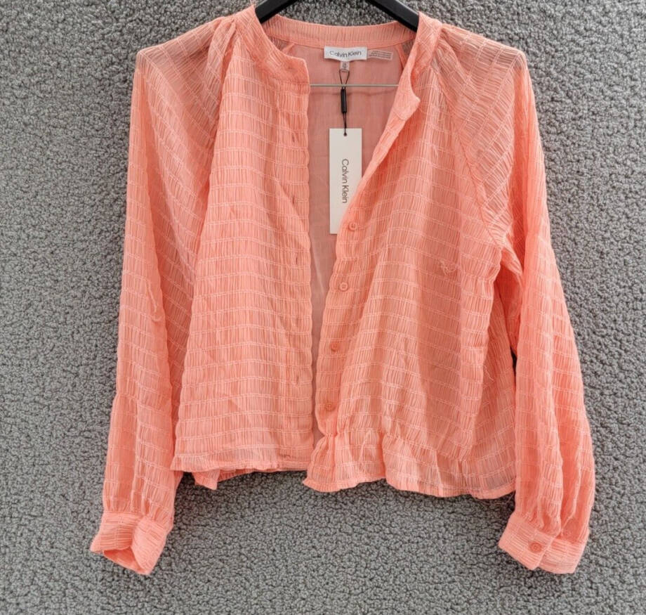 Calvin Klein Long Sleeve Textured Chiffon Blouse Women's XS Peach Button Front